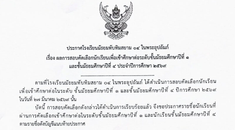 ประกาศผลการสอบคัดเลือก ม1 ม4 – 2569