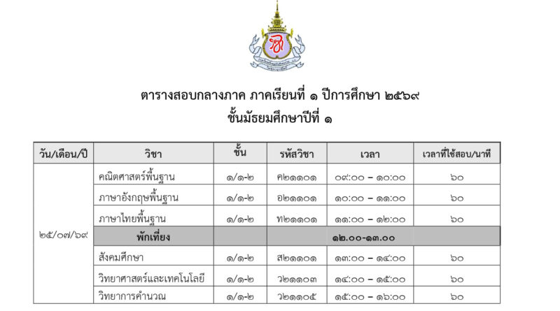 ตารางสอบกลางภาค ภาคเรียนที่ 1/2569